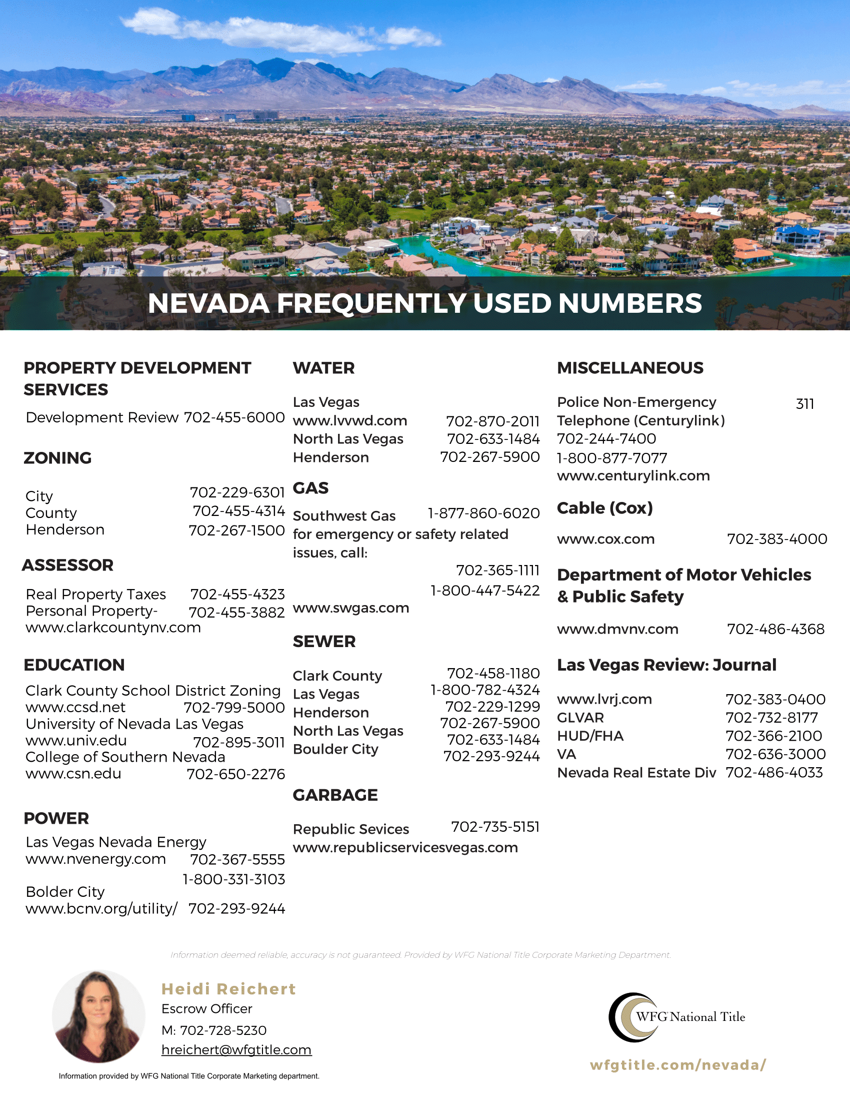 Alt text: "A contact list titled 'Nevada Frequently Used Numbers' set against a backdrop of a scenic Nevada landscape with mountains under a blue sky. The list includes contact details for property services, zoning, utilities, and more. Features sections like development, water, gas, and education. Heidi Reichert's details are at the bottom, with a WFG National Title logo."